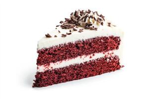 A piece of red velvet cake with white frosting photo