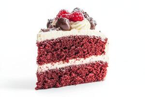 A slice of red velvet cake with a raspberry on top photo