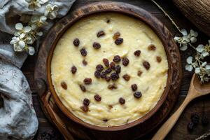 Coconut rice pudding with raisins and coconut photo