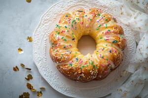 A bundt cake with frosting and sprinkles on a white plate photo