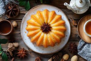 A bundt cake on a plate with spices and tea photo