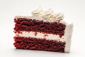 A piece of red velvet cake with white frosting photo