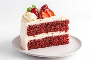 A slice of red velvet cake on a plate photo