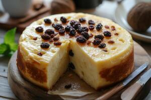 A cake with raisins and nuts on a wooden board photo