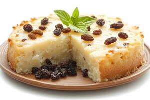 A cake with raisins and mint on a plate photo