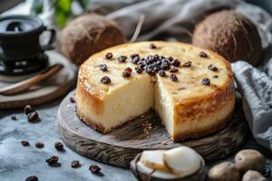 A cheesecake with coconut and raisins on a wooden board photo