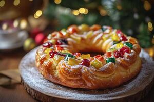 A cake with fruit and sprinkles on top photo