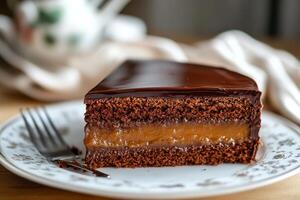 A piece of chocolate cake with caramel filling photo