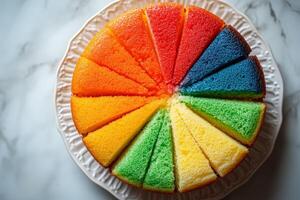 A rainbow cake with a slice missing photo