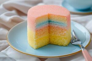 A slice of cake on a plate with a fork photo