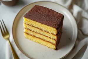 A piece of cake on a plate with a fork photo
