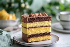 A slice of cake on a plate with a cup of coffee photo