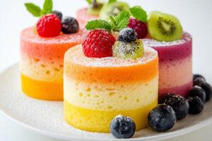 A plate topped with three different colored cakes photo