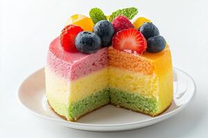 A rainbow cake with fruit on top photo
