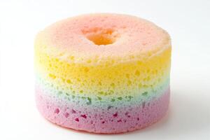 A sponge cake with a rainbow colored top photo