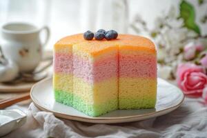 A rainbow cake with blueberries on top photo