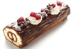 A chocolate roll with raspberries and chocolate photo