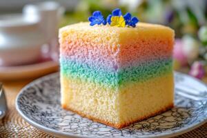 A piece of cake with a rainbow on it photo