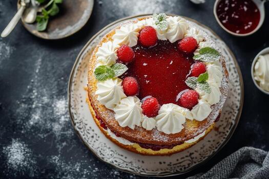 A cake with raspberry jam and whipped cream photo