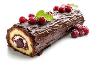 A chocolate roll with raspberries on top photo