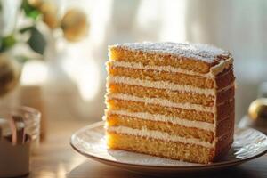A slice of cake on a plate with a cup of tea photo