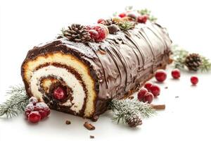 A chocolate roll with berries and pine cones photo