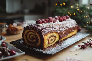 A cake with chocolate icing and raspberries on top photo