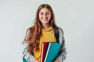 A smiling girl holding books and smiling photo