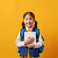 Asian girl in school uniform holding a tablet photo