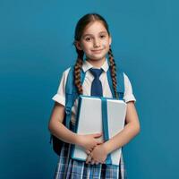 Portrait of cute school girl with backpack and books on blue background photo