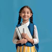 A little girl in a school uniform holding a notebook photo