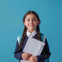 Portrait of a cute little girl with a notebook and a backpack on a blue background photo