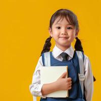 Asian girl holding a book and a backpack photo