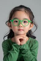 A little girl wearing green glasses and posing photo