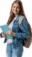 A girl in jeans and a blue backpack holding a book photo