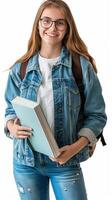 A girl in glasses and a denim jacket holding a book photo
