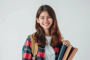 Asian female student holding books and smiling photo