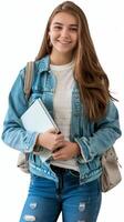 A girl in jeans and a denim jacket holding a book photo