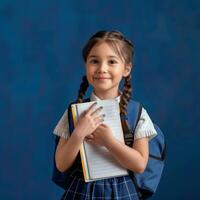 Portrait of cute little girl with school bag and notebook on blue background photo