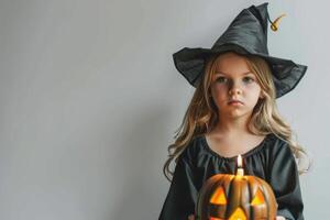 A little girl in a witch costume holding a pumpkin photo