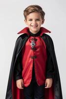 A young boy wearing a red and black vampire costume photo
