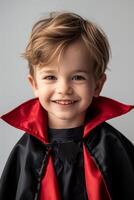 A young boy in a vampire costume smiling photo