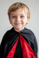 A young boy wearing a black and red cape photo