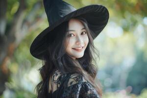 A beautiful young woman in a witch hat photo