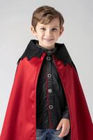 A young boy wearing a red cape and black shirt photo