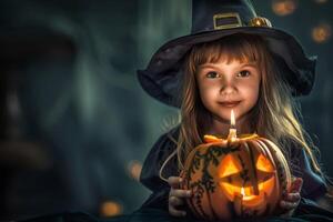 A little girl in a witch hat holding a pumpkin photo
