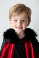 A young boy wearing a black and red cape photo