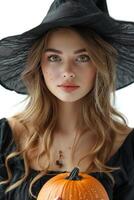 A beautiful young woman in a witch costume holding a pumpkin photo