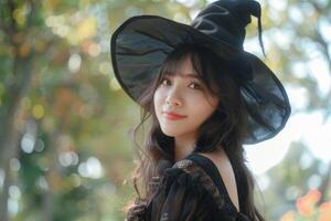 A woman wearing a witch hat photo