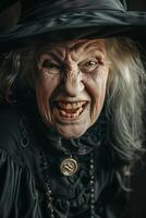 An old woman in a witch hat is smiling photo